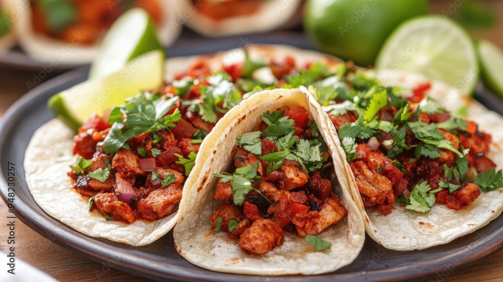 Delicious Tacos al Pastor with traditional toppings, served on a plate with a side of lime wedges. Mexican Food. Delicious Tacos al Pastor with traditional toppings, served on a plate with a side of lime wedges. Mexican Food.