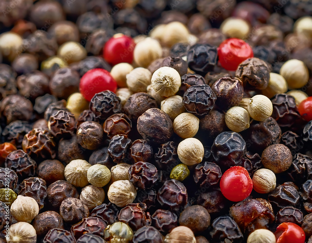 Obraz premium Black, red and white pepper peppercorns background. Close up.