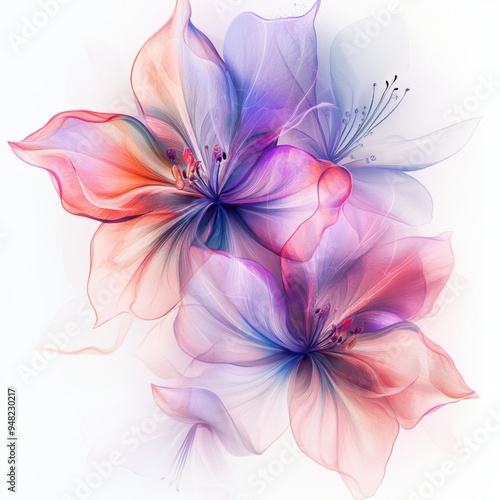 Colorful, transparent flowers with purple and pink petals, delicate lines