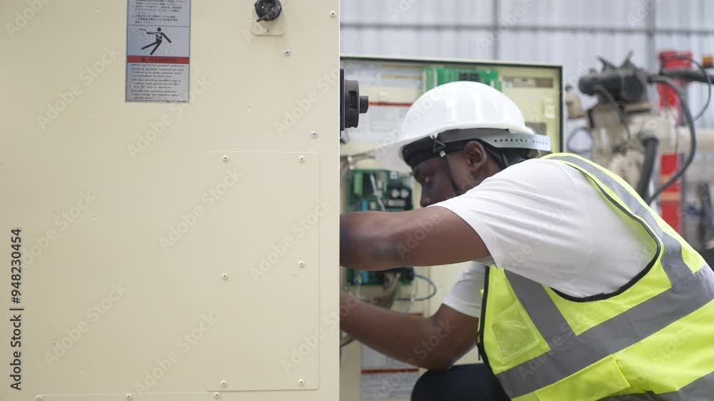 Blue collar worker is checking control unit of robot arm. Blue collar worker is checking control unit of robot arm.