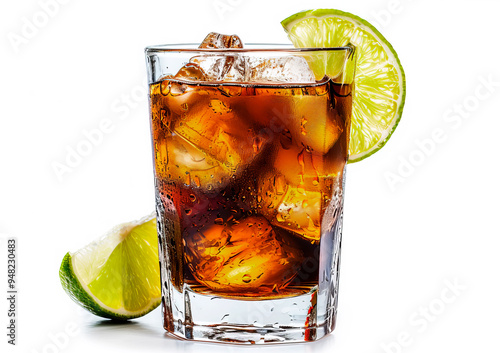 Old fashioned cocktail drink rum or whiskey with cola with lime on white background. Alcoholic drinks.