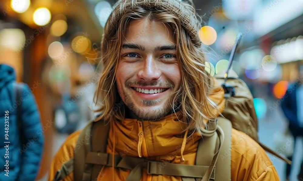 A cheerful traveler dressed in a warm orange jacket strolls through lively city streets, capturing joyful moments as pedestrians bustle by. The golden hour light enhances the vibrant surroundings A cheerful traveler dressed in a warm orange jacket strolls through lively city streets, capturing joyful moments as pedestrians bustle by. The golden hour light enhances the vibrant surroundings