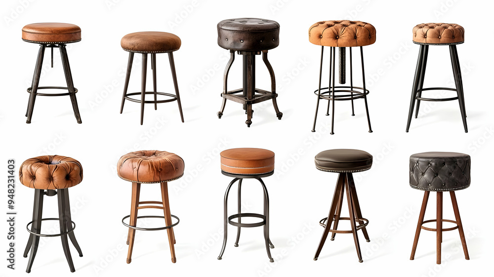 Set of Leather Upholstered Bar Stools with Metal Frames Set of Leather Upholstered Bar Stools with Metal Frames