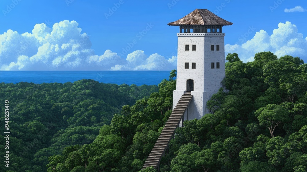 A Nordic lighthouse stands majestically on a mountain, offering breathtaking views of the blue sea and sky. Lush greenery envelops the surroundings, illuminating the scene A Nordic lighthouse stands majestically on a mountain, offering breathtaking views of the blue sea and sky. Lush greenery envelops the surroundings, illuminating the scene