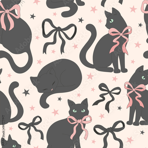 Cute black cat vector seamless pattern. Coquette Halloween background.