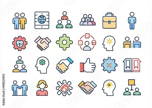 Colorful outline icons representing collaboration and teamwork, including handshake, puzzle, and brainstorming symbols, all with editable strokes for customization.