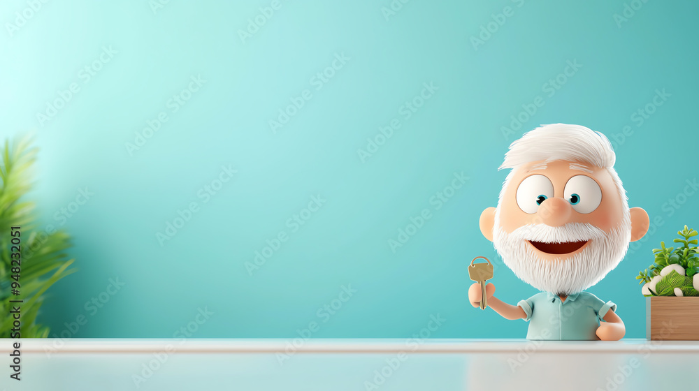 A cheerful cartoon grandfather enjoys a treat with plants in a bright, turquoise setting, perfect for family-themed designs. A cheerful cartoon grandfather enjoys a treat with plants in a bright, turquoise setting, perfect for family-themed designs.
