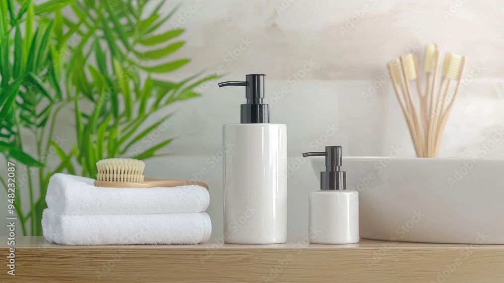 Customizable soap dispenser on a bathroom counter, home and wellness branding Customizable soap dispenser on a bathroom counter, home and wellness branding