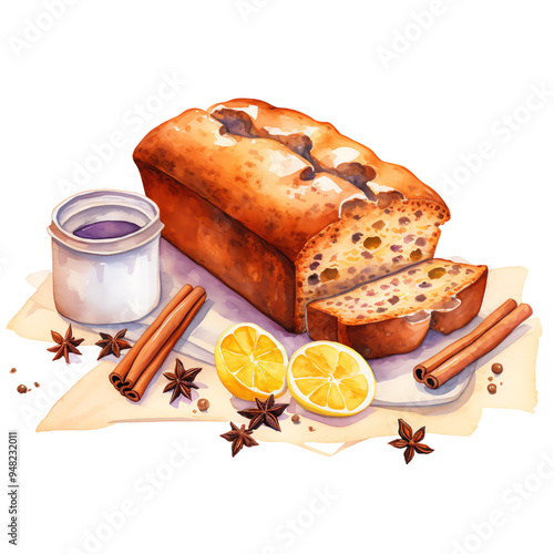 Delicious fruitcake with cinnamon, lemon slices, and a jar containing purple liquid. Perfect for festive occasions and gatherings.