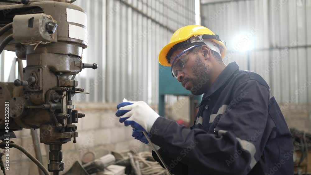 Blue collar workers at machine shop with welding robot arm. Factory and machinery. Blue collar workers at machine shop with welding robot arm. Factory and machinery.