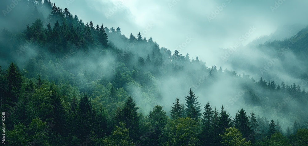 Fototapeta premium Fog rolling through a mountain pass, foggy weather, mysterious and silent