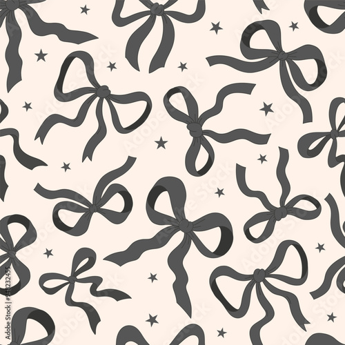 Cute Black ribbon bow vector seamless pattern. Coquette Halloween background.