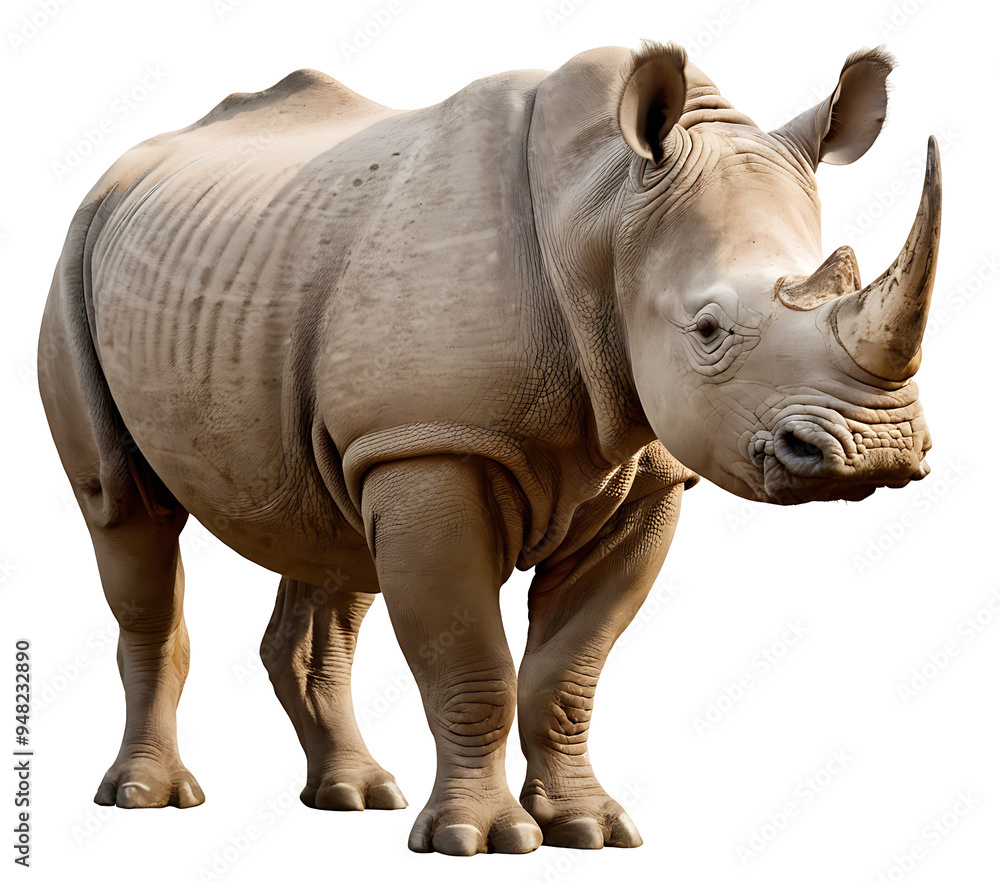 Fototapeta premium A powerful White Rhinoceros stands alert against a white background, its two horns and thick skin clearly visible. Perfect for wildlife documentaries, educational resources, or projects focused on con