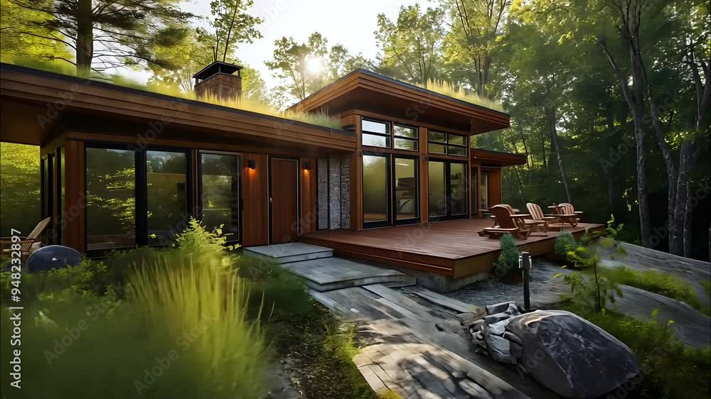 A modern cabin surrounded by lush greenery and sunlight filtering through trees creates a serene outdoor retreat with wooden deck and peaceful ambiance A modern cabin surrounded by lush greenery and sunlight filtering through trees creates a serene outdoor retreat with wooden deck and peaceful ambiance