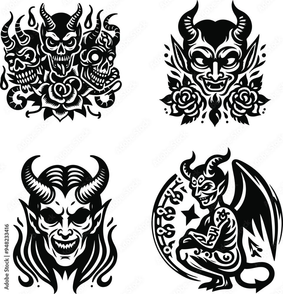 Obraz premium a Collection of black and white Tattoo of a Devil skull with horns Black Vector Illustration