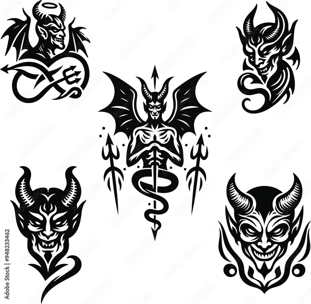 a Collection of black and white Tattoo of a Devil skull with horns Black Vector Illustration a Collection of black and white Tattoo of a Devil skull with horns Black Vector Illustration