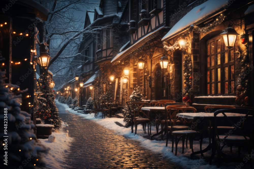 Fototapeta premium a city street on a winter night, snow covered houses and trees, the light of lanterns, facades of houses decorated for Christmas or New Year, festive environment