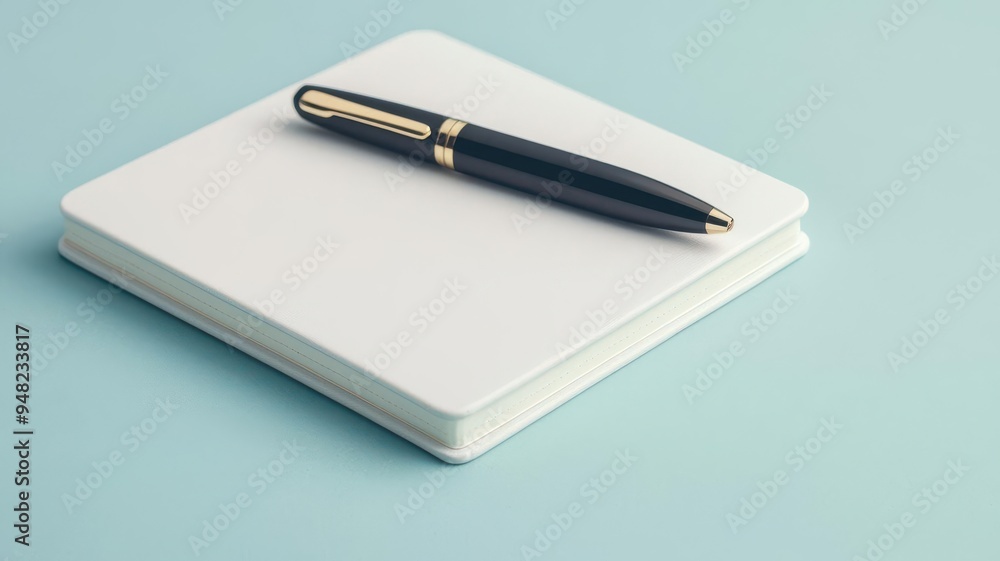Elegant pen resting on a clean white notebook, professional stationery mockup Elegant pen resting on a clean white notebook, professional stationery mockup