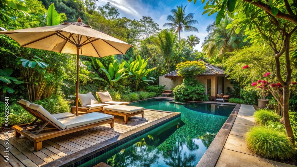 Serene oasis in a tropical paradise featuring a sparkling private pool surrounded by lush greenery, sun-kissed loungers, and a stylish umbrella for ultimate relaxation. Serene oasis in a tropical paradise featuring a sparkling private pool surrounded by lush greenery, sun-kissed loungers, and a stylish umbrella for ultimate relaxation.