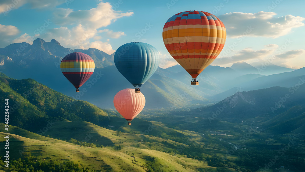 Obraz premium A breathtaking view of colorful hot air balloons soaring over lush green mountains under a clear blue sky.