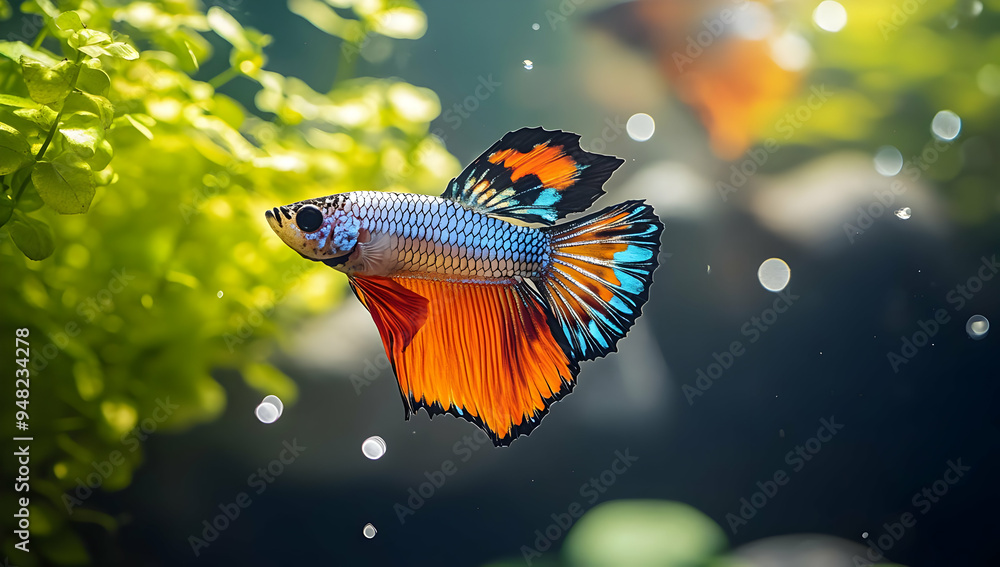 Fototapeta premium A vibrant betta fish swims gracefully through underwater greenery, showcasing its colorful fins against a serene aquatic backdrop.