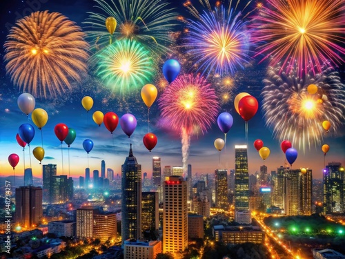 Vibrant fireworks explode in a night sky above a bustling cityscape, surrounded by shimmering confetti and balloons, welcoming the start of a brand new year. photo