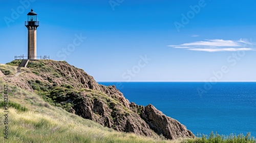 A Nordic lighthouse stands majestically on a mountain, offering breathtaking views of the blue sea and sky. Lush greenery envelops the surroundings, illuminating the scene