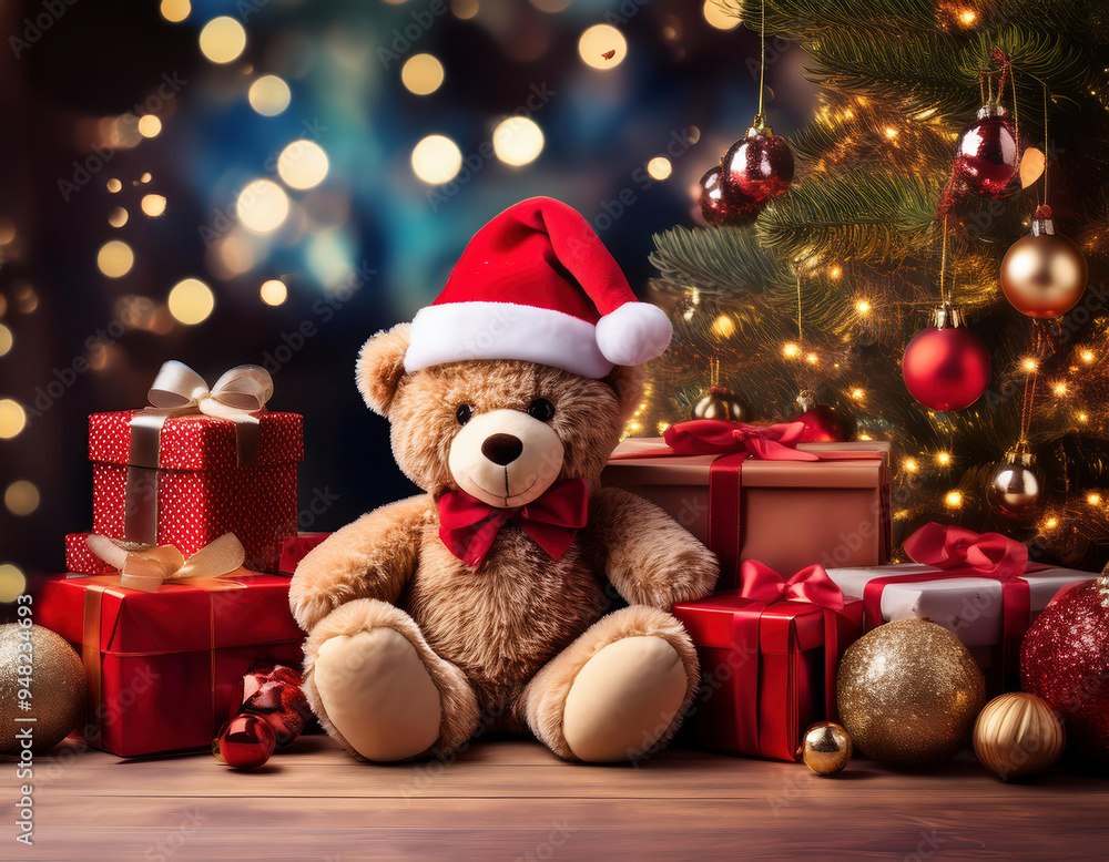 Teddy bear with christmas gifts on the background of the Christmas tree with bokeh lights Teddy bear with christmas gifts on the background of the Christmas tree with bokeh lights