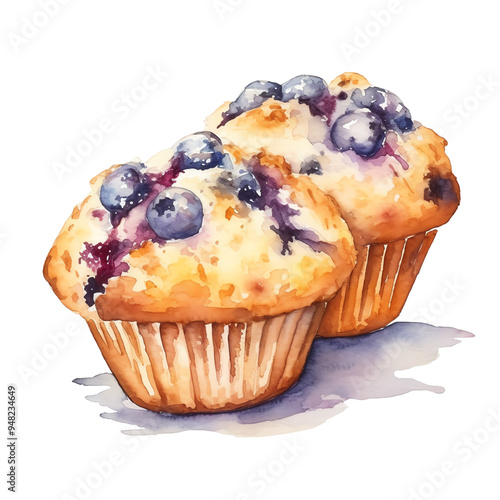 Watercolor illustration of two blueberry muffins with a light, artistic touch. Perfect for bakery, dessert, or breakfast-themed projects.