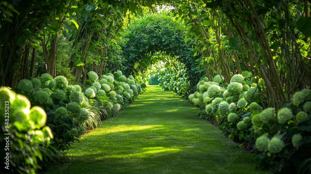 Obraz premium A lush green pathway through a garden lined with green flowers, blending perfectly with the path