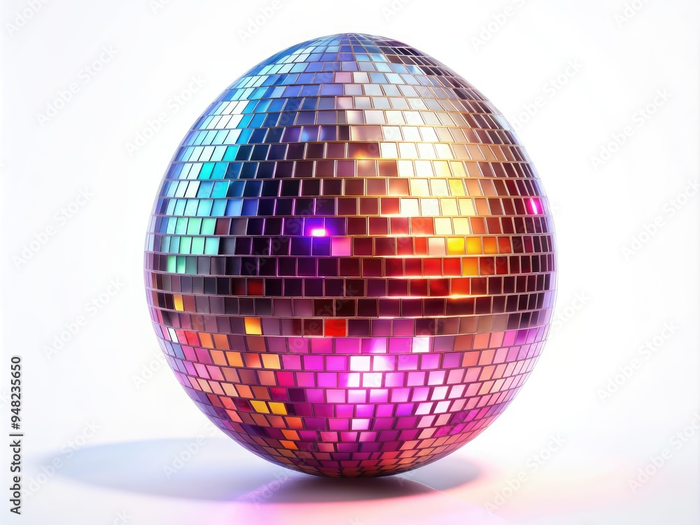 Obraz premium Vibrant egg-shaped disco ball with mirrored tiles glistens against a pristine white background, radiating futuristic glamour and mesmerizing optical allure in stunning 4K resolution.
