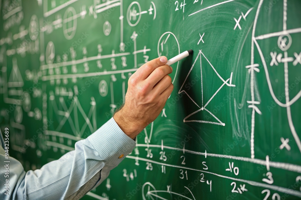 Educator's hands move deftly as they inscribe complex mathematical equations in white chalk on a traditional green chalkboard in a bustling classroom setting. Educator's hands move deftly as they inscribe complex mathematical equations in white chalk on a traditional green chalkboard in a bustling classroom setting.