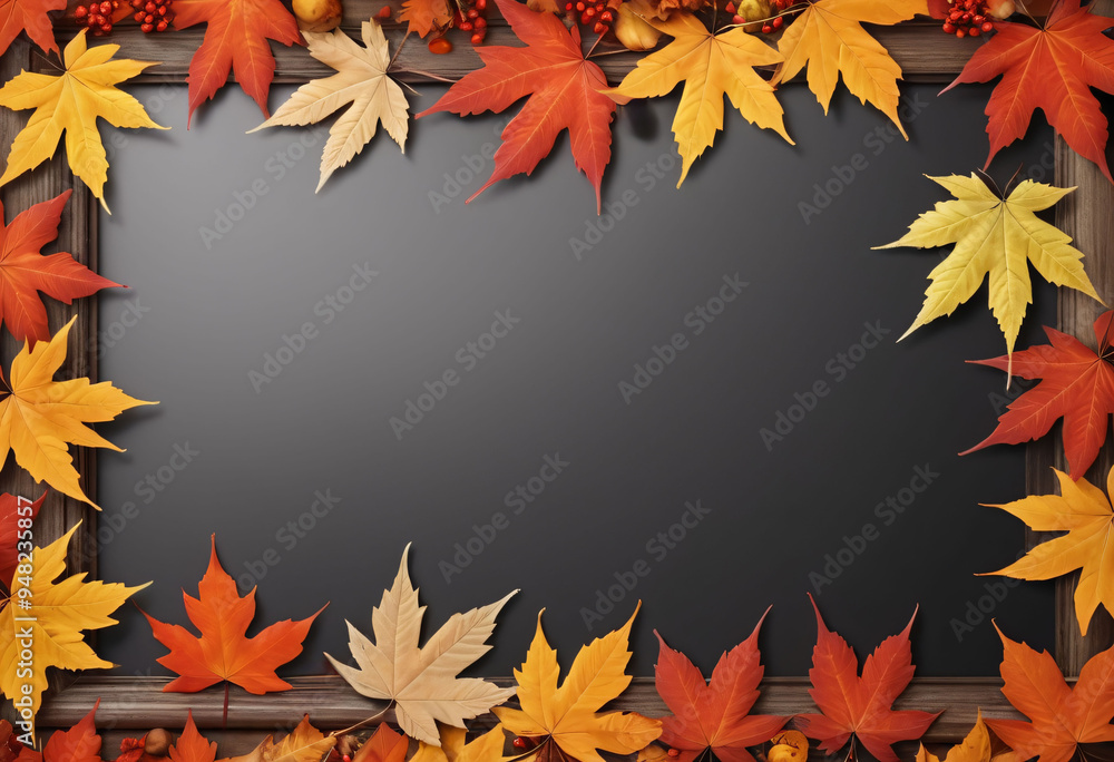 Autumn background with maple leaves in a frame, isolated on a black background, with space for text or image