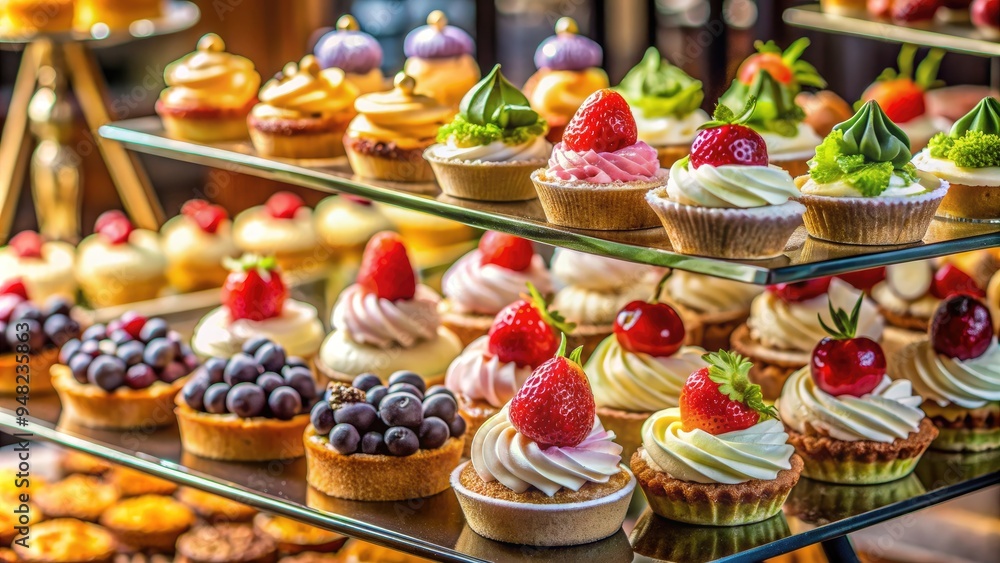 Assorted mini pastries, including fruit-topped and cream-filled delights, artfully arranged on a tiered stand behind a gleaming glass counter in a charming bakery setting. Assorted mini pastries, including fruit-topped and cream-filled delights, artfully arranged on a tiered stand behind a gleaming glass counter in a charming bakery setting.