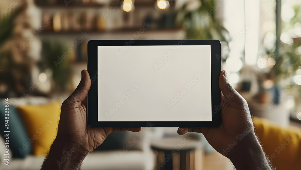 A person holding a blank tablet in a cozy living room, ideal for showcasing digital content or remote work. A person holding a blank tablet in a cozy living room, ideal for showcasing digital content or remote work.