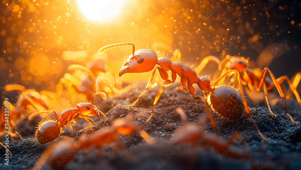 A vivid close-up of ants in the warm glow of sunlight, showcasing their intricate details and dynamic movement in nature. A vivid close-up of ants in the warm glow of sunlight, showcasing their intricate details and dynamic movement in nature.