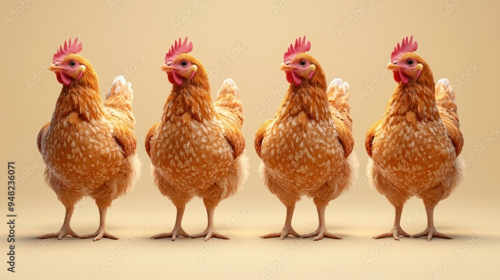 Fototapeta premium Isolated white rooster and hen standing on a farm with brown and black feathers, beak, and red comb