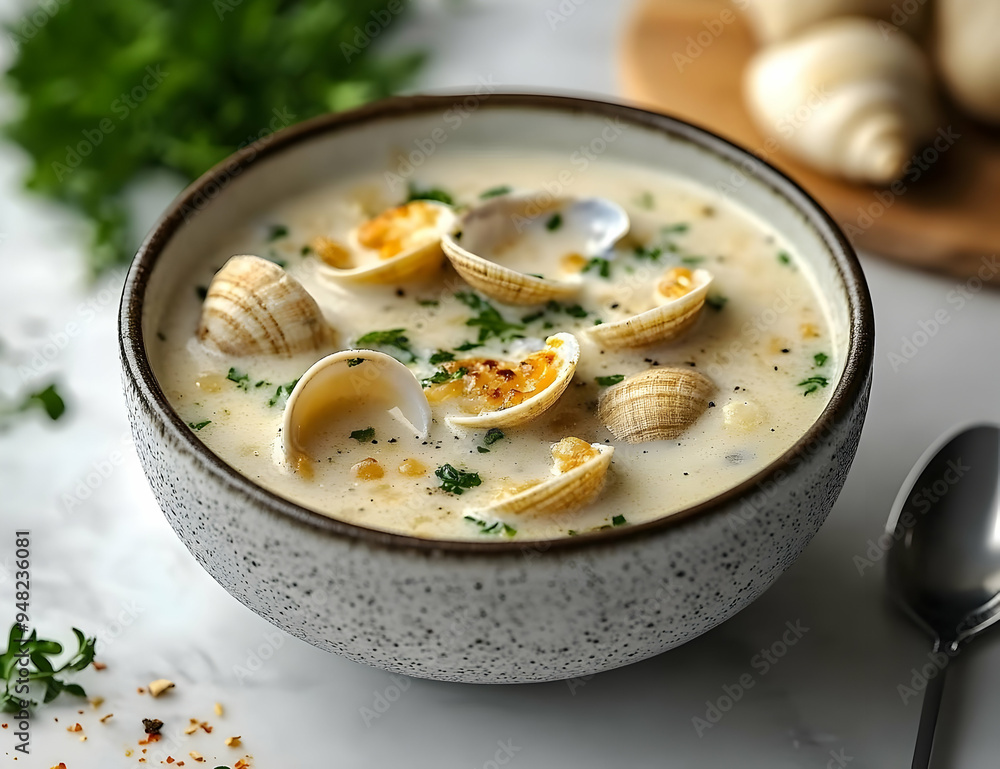 Delicious clam chowder served in a stylish bowl, garnished with fresh herbs, perfect for a comforting meal. Delicious clam chowder served in a stylish bowl, garnished with fresh herbs, perfect for a comforting meal.