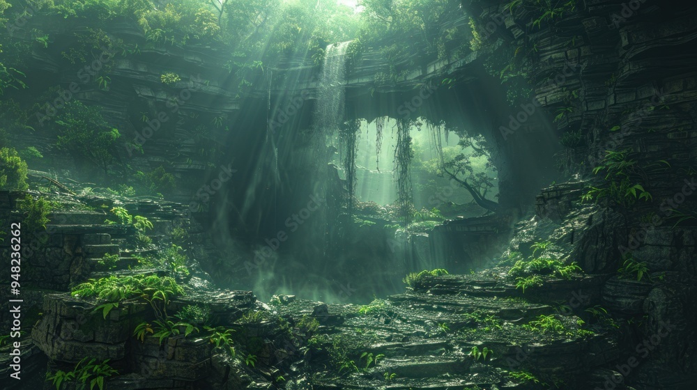 A tranquil waterfall cascades through ancient stone ruins enveloped by lush greenery under soft morning light. Generative AI A tranquil waterfall cascades through ancient stone ruins enveloped by lush greenery under soft morning light. Generative AI