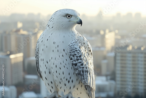 White gyrfalcon standing on the top of the building in the city