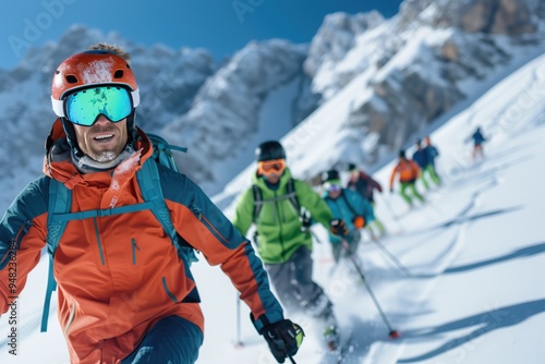Wallpaper Mural group of friends skiing in the mountains, bright sportswear. Aquamarine, green and orange colors, full-length photo, advertising photo Torontodigital.ca