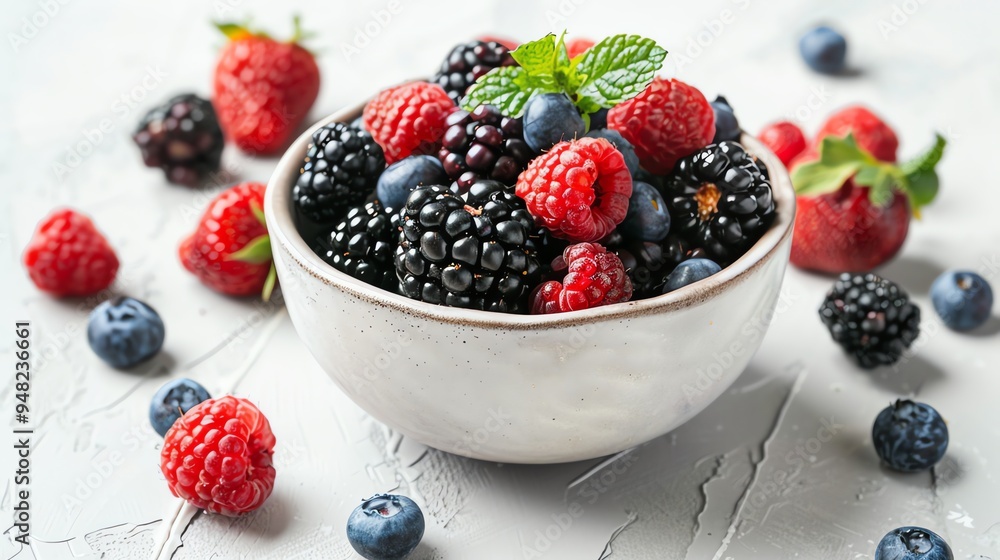 A white bowl of fresh berries with blueberries, blackberries, and raspberries. A white bowl of fresh berries with blueberries, blackberries, and raspberries.