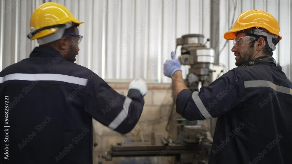Blue collar workers at machine shop with welding robot arm. Factory and machinery. Blue collar workers at machine shop with welding robot arm. Factory and machinery.