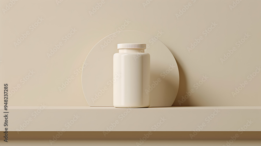 A white pill bottle sits on a shelf against a beige backdrop. Minimalist product photography with a simple design. A white pill bottle sits on a shelf against a beige backdrop. Minimalist product photography with a simple design.