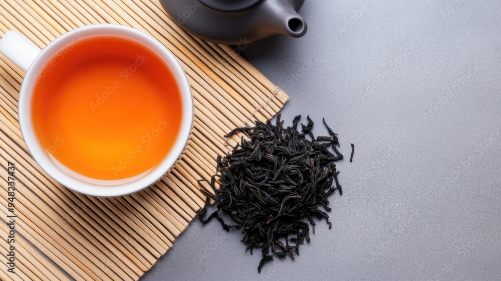 A beautifully arranged setting featuring a teapot and cup of green tea on a bamboo mat, complemented by scattered loose tea leaves against a gray stone table A beautifully arranged setting featuring a teapot and cup of green tea on a bamboo mat, complemented by scattered loose tea leaves against a gray stone table