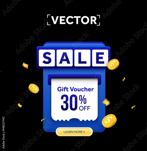 Special sale coupon is being printed out from a slot of a POS machine, with coupon code and golden coins, isolated on dark background. Gift voucher banner template for Sale off. 3d vector illustration
