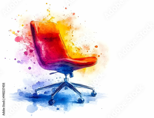 Vibrant watercolor illustration of a red office chair, showcasing artistic splashes of color, ideal for modern workspace aesthetics. photo