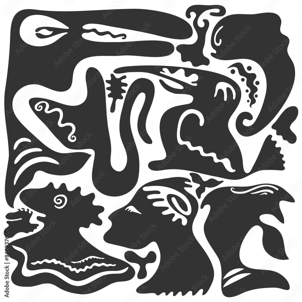 Black and white abstract modern background with fantasy animals and monsters, different doodle shapes. Collage contemporary print. Fashionable template for design. Hand drawn vector illustration Black and white abstract modern background with fantasy animals and monsters, different doodle shapes. Collage contemporary print. Fashionable template for design. Hand drawn vector illustration