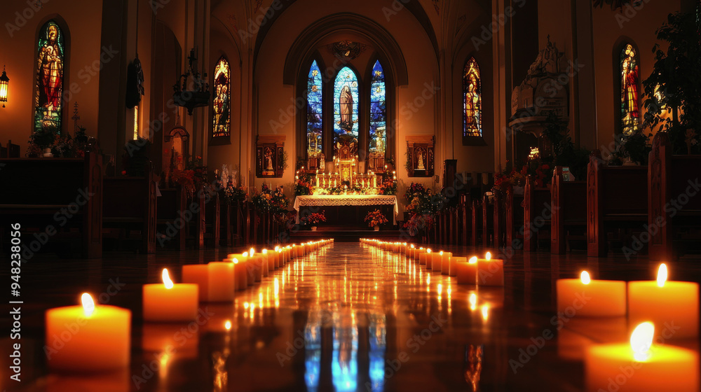 Fototapeta premium All Saints' Day for Western Christians. the Christian cross. a burning candle about memory. graves in the cemetery