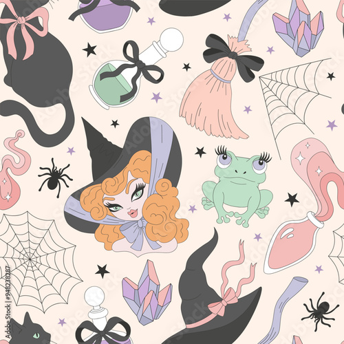 Cute Witch portrait Hat Broom Black cat Cobweb vector seamless pattern. Coquette Halloween background.
